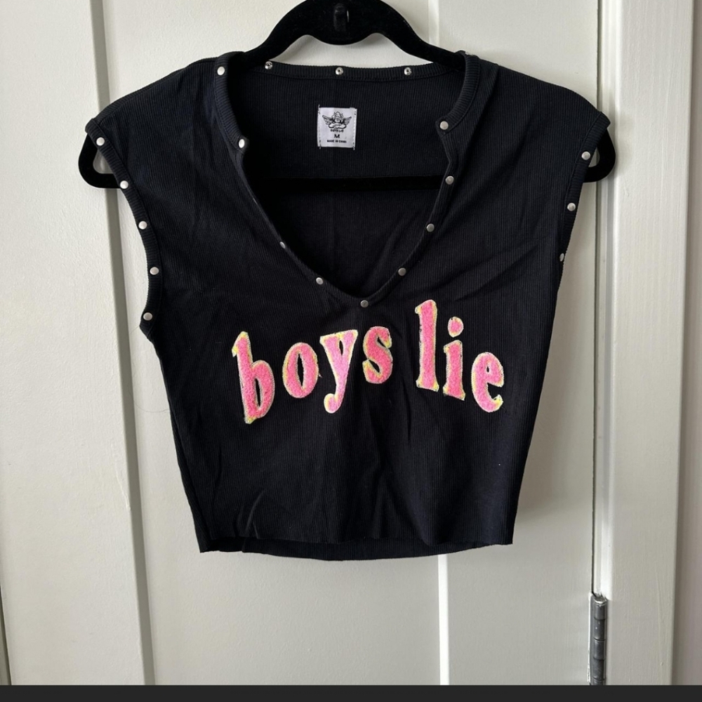 Boys Lie Black Tank Top with Pink Lettering and Silver Studs